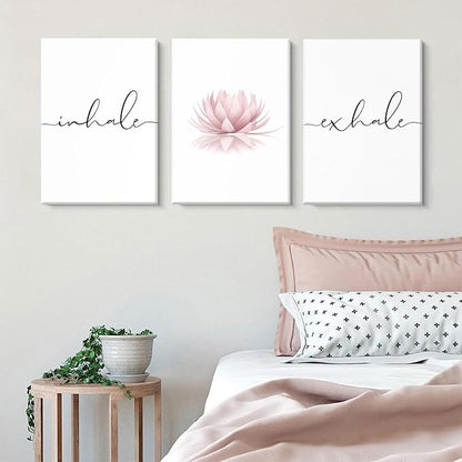 Pennclys Inhale Exhale Wall Art Zen Canvas Decor Yoga Lotus Wall Art Calming Meditation Artwork Pink Yoga Poster Zen Pictures Painting for Living Room Bedroom 24x36 Inch Ready to Hang Set of 3