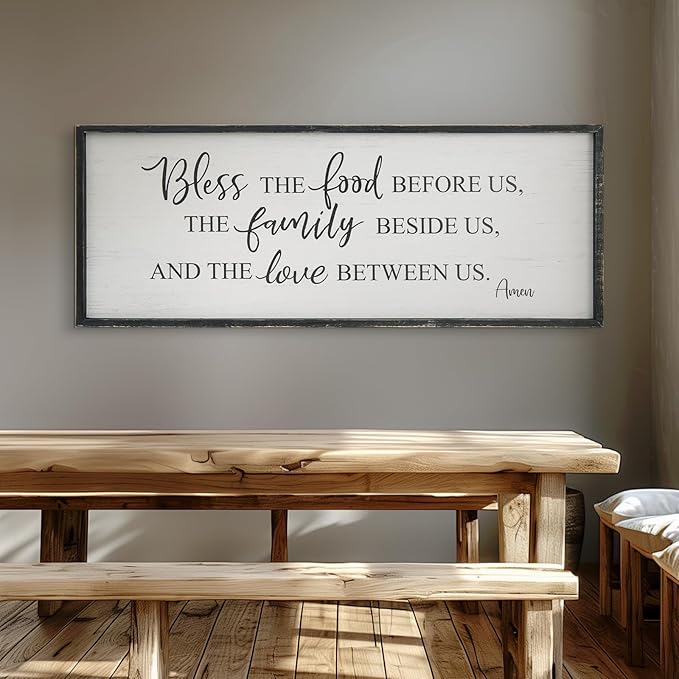 Bless The Food Before Us Home Decor Wall Sign For Family Kitchen Farmhouse Dining Room Vintage Rustic Retro Boho Wood House Wall Art Decoration For Living Room Bedroom 40 x 15 Inch black