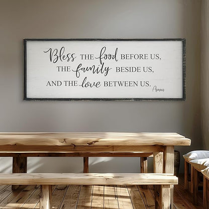 Bless The Food Before Us Home Decor Wall Sign For Family Kitchen Farmhouse Dining Room Vintage Rustic Retro Boho Wood House Wall Art Decoration For Living Room Bedroom 40 x 15 Inch black