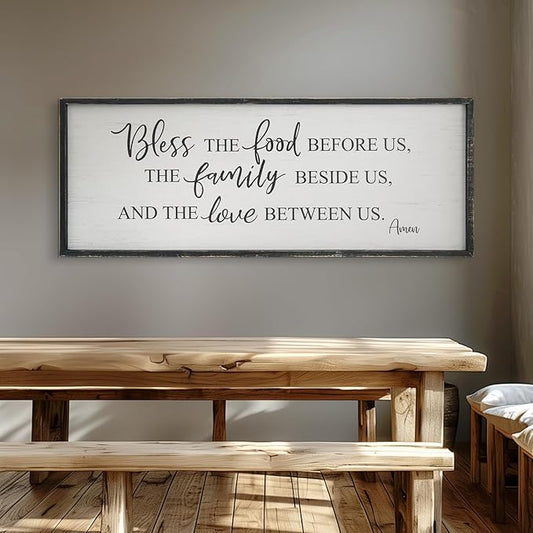 Bless The Food Before Us Home Decor Wall Sign For Family Kitchen Farmhouse Dining Room Vintage Rustic Retro Boho Wood House Wall Art Decoration For Living Room Bedroom 40 x 15 Inch black