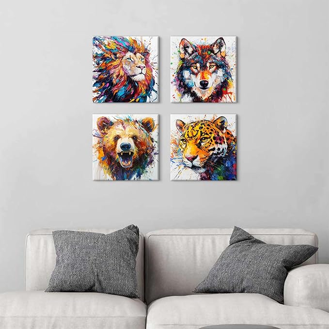 Animal Canvas Wall Art Boys Room Decor Abstract Colourful Lion Wolf Bear Tiger Pictures Kids Bedroom Watercolor Graffiti Animals Posters Nursery Paintings Toddler Artwork Framed Decorations 12x12”4Pcs