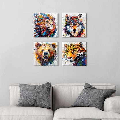 Animal Canvas Wall Art Boys Room Decor Abstract Colourful Lion Wolf Bear Tiger Pictures Kids Bedroom Watercolor Graffiti Animals Posters Nursery Paintings Toddler Artwork Framed Decorations 12x12”4Pcs