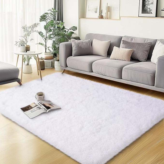 qulint White Rugs for Bedroom 3x5, Soft Shag Fluffy Rug for Living Room Small Fuzzy Plush Nursery Rug for Boys Girls, Shaggy Modern Carpet for Dorm Kid Room Home Decor Aesthetic (3ft x 5ft, White)