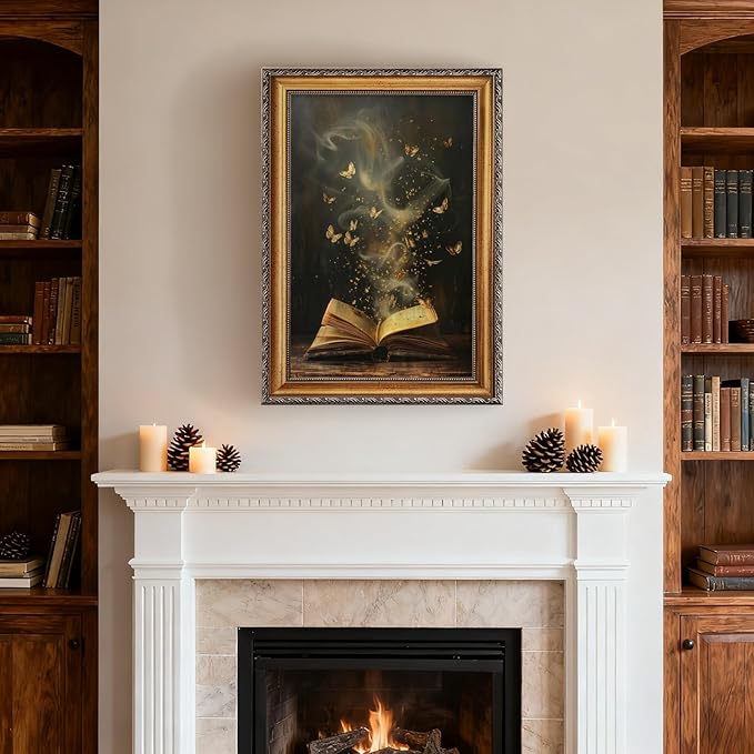 Balsuka Moody Victorian Bookish Wall Art Dark Academia Decor Vintage Reading Nook Butterfly Aesthetic Painting Canvas Print Poster for Library Bookstore Wall Decoration 24x36inch Vintage Framed