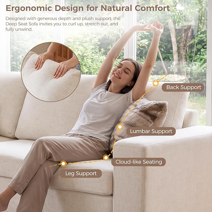ELUCHANG 85" Modern Couches for Living Room, Natural Linen 3 Seat Sofa, Comfy Deep Seat Sofa, Spring Cushions, Removable Cover, Solid Wood Frame, Easy Assembly Loveseat for Small Space, Beige, 2PCS