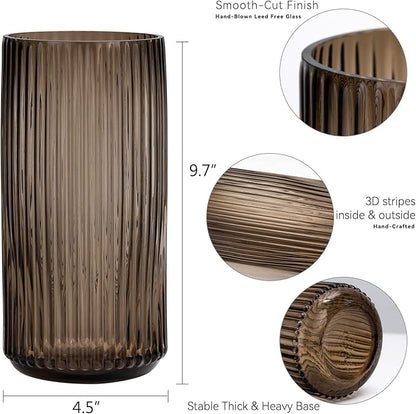TIMEFOTO Flower Vase 10 inch Amber Thickened Hand Blow Glass Vase Round Vintage Striped Bottles for Bookshelf,Dinner Table,Indoor Office Desktop,Meeting Room,Bathroom,Home