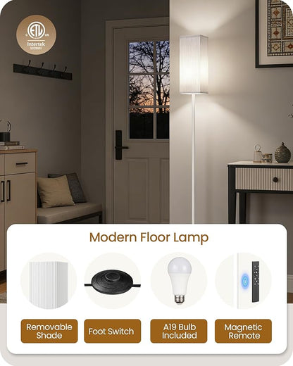 64.2'' Dimmable Floor Lamp for Living Room with Remote and Foot Switch, Corner Floor Lamp for Bedroom, Includes 10W A19 Bulb, Modern Standing Tall Lamp, ETL Listed, White WCW17LD05