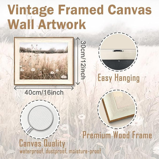ASTRDECOR Framed Nature Wall Art Prints, Vintage Wildflower Field Landscape Canvas Wall Art Bedroom, Autumn Oil Painting Botanical Artwork, Plant Pictures Farmhouse Wall Decor Living Room - 12''x16''