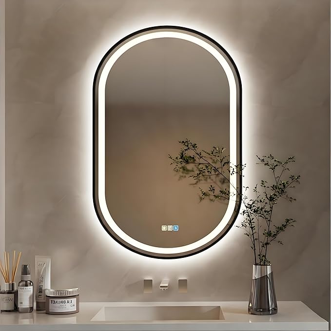 20x28 inches Oval Aluminum Black Framed LED Mirror, Smart Bathroom Mirror with Lights, Anti-Fog, Tempered Glass, 3 Colors Dimmable, Front and Backlit, Wall Mounted, Memory
