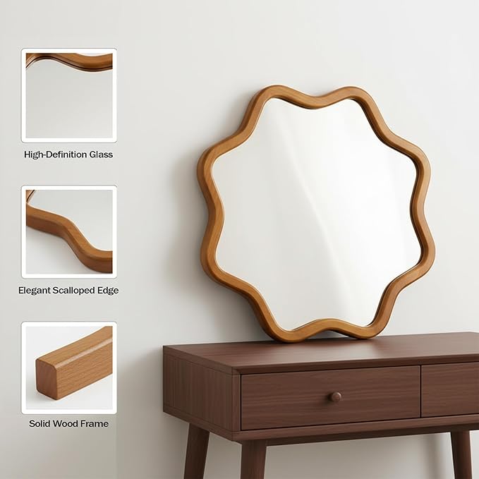 ZIYOO Star Shaped Wall Mirror, Natural Wood Grain Scalloped Edge Decorative Mirror, Boho Accent Mirror for Entryway Bathroom Living Room Bedroom (Wood,28")