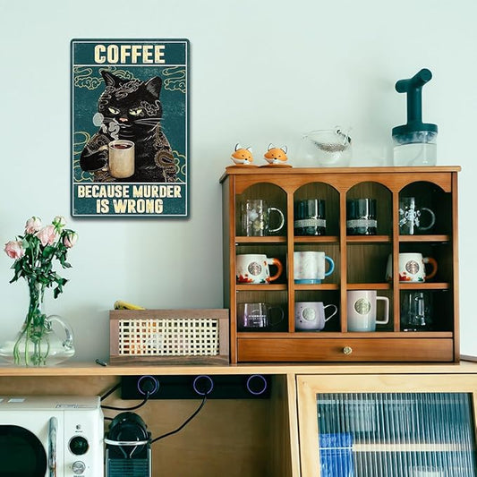 Vintage Cat Coffee Metal Tin Sign Cats Kitchen Signs Wall Decor Funny Retro Black Cat Wall Art Poster Coffee Bar Accessories Because Murder Is Wrong Sign 8x12 Inch