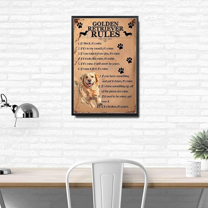 Metal Sign Tin Sign Vintage Wall Art Golden Retriever Rules Garden Sign for Room 6×8 Inches with Metal Frame