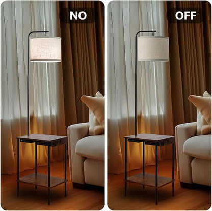 EOEYYOYB Floor Lamp with Table & Drawers, End Table Lamp with USB Charging Portt Power Outlet and Shelves, Side Table Reading Light with 3 Color Temperature Led Bulb Included for Living Room, Yellow