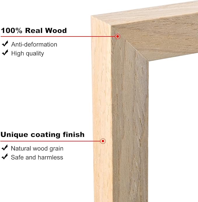KINLINK 6x8 Picture Frame Natural, Solid Wood Frames with Acrylic Plexiglass for Pictures 4x6 with Mat or 6x8 without Mat, Tabletop and Wall Display Photo Frame, Set of 4