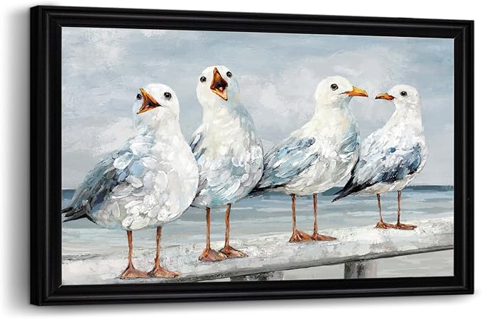 sechars Seabirds Wall Art Coastal Beach Scene with Seagulls Painting Framed Canvas Prints Vintage Farmhouse Decor 16"x24"