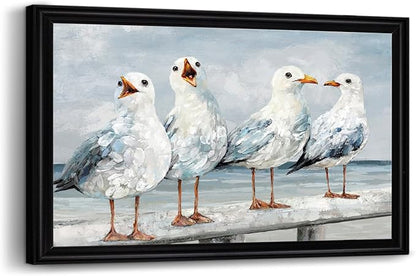sechars Seabirds Wall Art Coastal Beach Scene with Seagulls Painting Framed Canvas Prints Vintage Farmhouse Decor 16"x24"