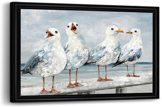 sechars Seabirds Wall Art Coastal Beach Scene with Seagulls Painting Framed Canvas Prints Vintage Farmhouse Decor 16"x24"