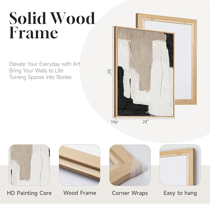 Large Framed Abstract Neutral Wall Art for Living Room, 3 Piece Black and White Beige Modern Canvas Prints Artwork for Walls, Minimalist Mid Century Painting Wall Decor Hallway Dining Room, 24x36 Inch