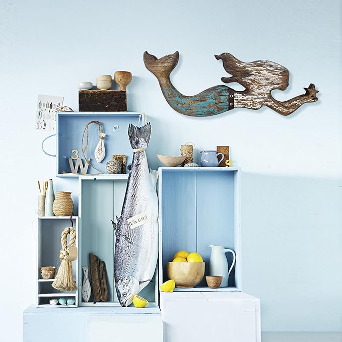 Veclotch Wood Mermaid Nautical Beach Wall Decor, Rustic Mermaid Wooden Hanging Coastal Wall Art Sculpture for Home, Lake House, Ocean Bathroom Decor, White,brown,aqua