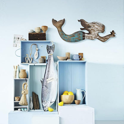 Veclotch Wood Mermaid Nautical Beach Wall Decor, Rustic Mermaid Wooden Hanging Coastal Wall Art Sculpture for Home, Lake House, Ocean Bathroom Decor, White,brown,aqua