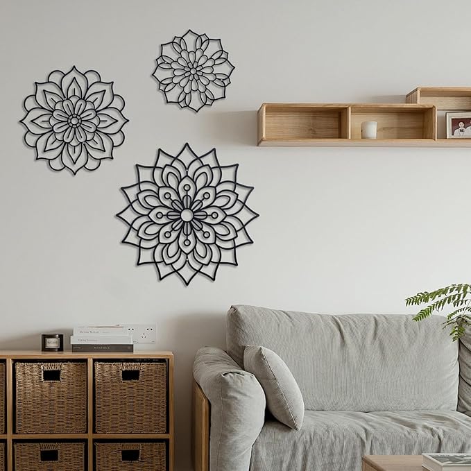 OYEFLY 3 Pieces Metal Flowers Wall Decoration,Flower Art Wall Decor Farmhouse Wall Decor (Black style2)