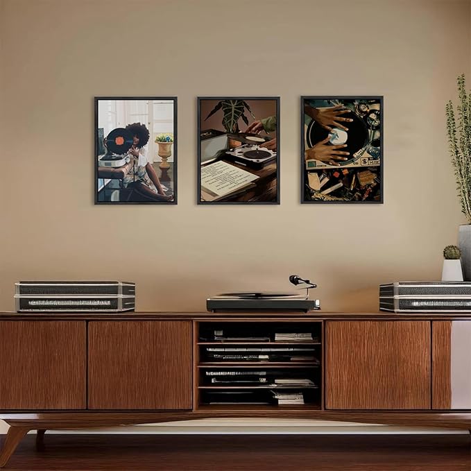 Black Girl Wall Art Decor Modern Black Woman Painting Prints, Set of 3 African American Music Record Player Poster Canvas Artwork for Bedroom Living Room 12x16 inch PS Framed