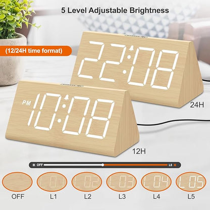 DreamSky Wooden Digital Alarm Clocks for Bedrooms - Electric Desk Clock with Large Numbers, USB Port, Loud Alarm for Heavy Sleepers, Adjustable Volume, Dimmer, Snooze, DST, Wood Décor, Adapter Powered