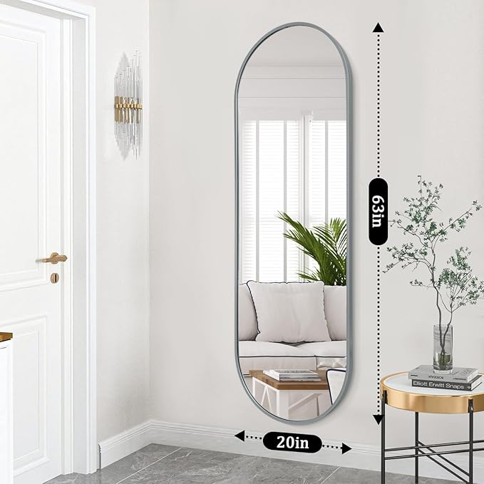 JJUUYOU Oval Full Length Bathroom Mirror 63"X20" Wall Mounted Vanity Mirrors Metal Frame Mirror Aluminum Alloy Frame Mirrors for Bedroom Entryway Living Room,Grey