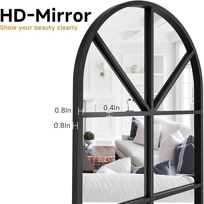 Rowjut Arched Wall Mirror Wall Decorative/Iron Framed Window Pane Mirrors,42" x 24" Window Mirror, Arched Top Wall Mirror for Entryway Living Room, Bedroom, Fireplace .(Deep Black)