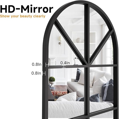 Rowjut Arched Wall Mirror Wall Decorative/Iron Framed Window Pane Mirrors,42" x 24" Window Mirror, Arched Top Wall Mirror for Entryway Living Room, Bedroom, Fireplace .(Deep Black)