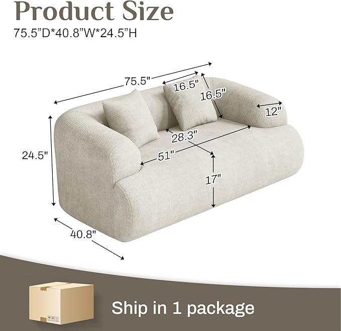 75" Boneless Cloud Loveseat, Modern Cute Curved Chenille Sofa, 2 Seater Compression Couch with 2 Pillows, No Assembly Required for Apartment Living Room, Beige White