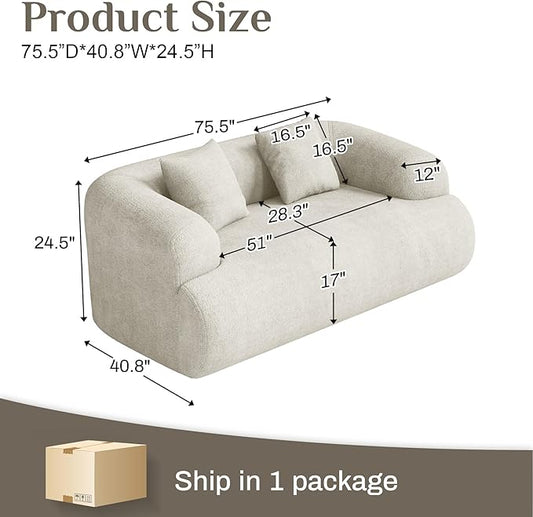 75" Boneless Cloud Loveseat, Modern Cute Curved Chenille Sofa, 2 Seater Compression Couch with 2 Pillows, No Assembly Required for Apartment Living Room, Beige White