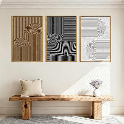 BINCUE Abstract Neutral Canvas Paintings Framed Modern Wall Art Neutral Geometric Wall Decor Modern Abstract Artwork Black and White Wall Paintings Brown Wall Pictures for Bedroom Living Room Office 16x24 Inch Set of 3