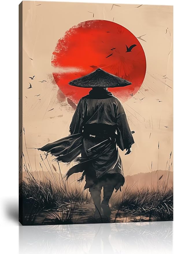 Japanese Wall Art Samurai Painting Canvas Prints Japaneses Martial Pictures Culture Art Posters Artwork Home Decor Framed for Living Room Bedroom Office (28''W x 44''H)