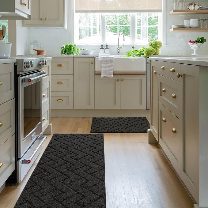 hicorfe Kitchen Runner Rugs and Mats Sets,2 Pieces Absorbent Non-Slip Kitchen Rug,Comfort Kitchen Mat for Floor,Washable for Kitchen,Hallway,Office,Sink,Laundry(20"x59"+20"x32",Charcoal)