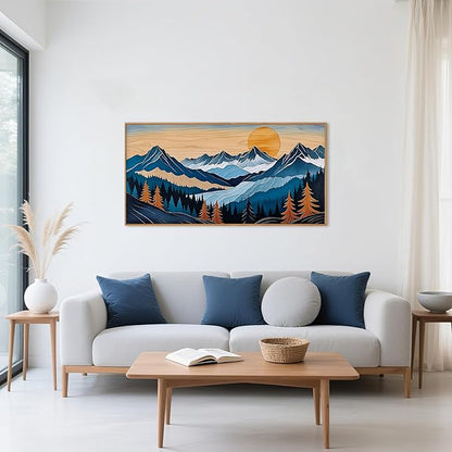 Celestdeco Boho Vintage Mountain Framed Canvas Wall Art Set, Blue Abstract Ridge Wall Decor,Woodcut Pine Tree Landscape Wall Painting,Sunrise Forest Art Print for Living Room,Bedroom,Office-20 X40