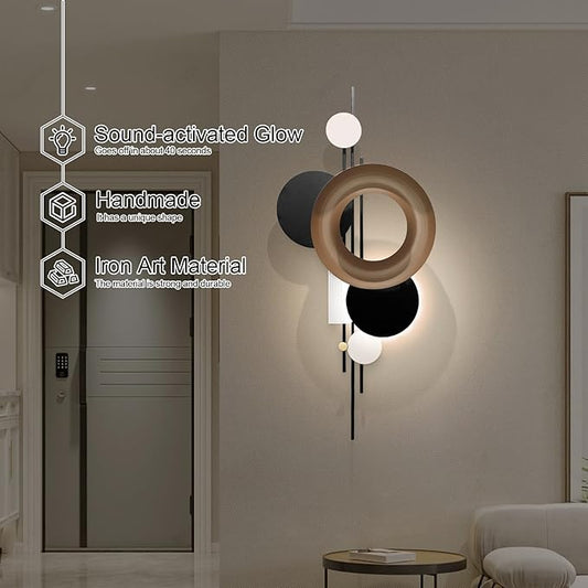 HEBOIX Black 3D Wall Art Decor with Led Lights，Voice-Activated Luminescence Abstract Modern Metal Walls Decor，Minimalist Large Walls' Art for Corridor/Entrance Wall(22''Lx46''W-Light)