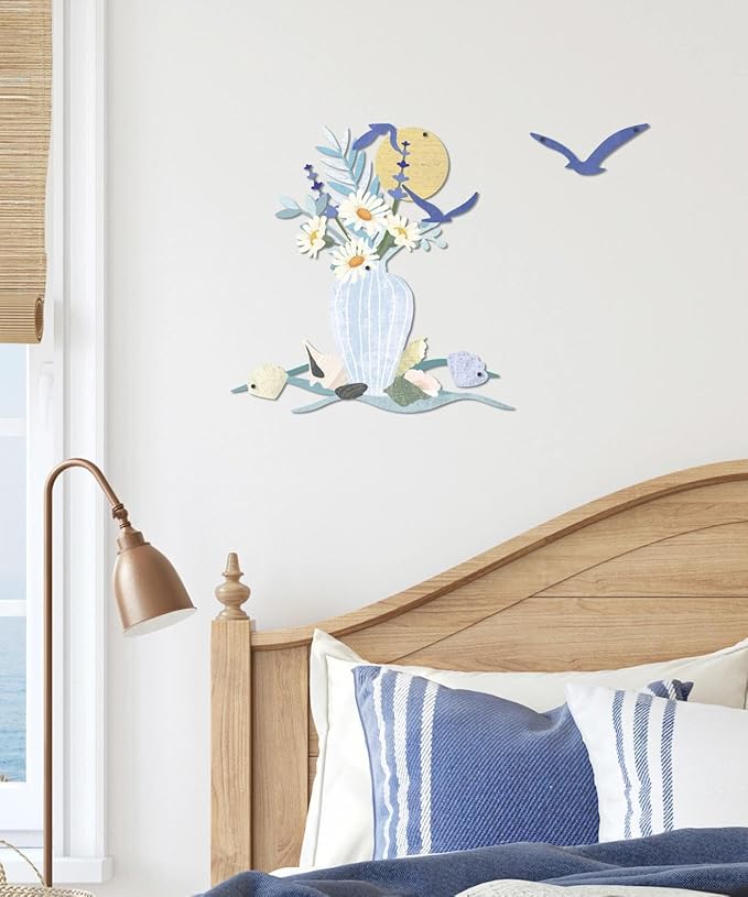 Putuo Decor Floral Vase Metal Wall Decor, Blue Vase and Wildflower Design, Modern Farmhouse Rustic Wall Hanging for Living Room Bedroom Entryway