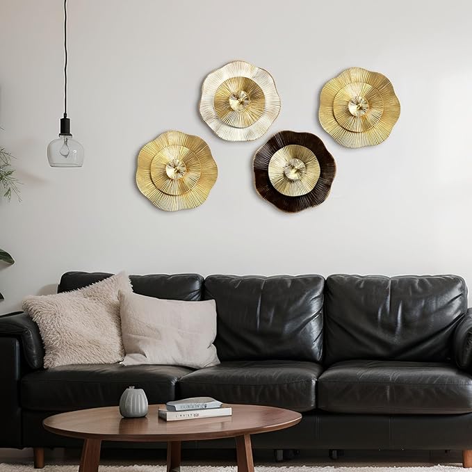 Shimeyao 4 Pcs 12 Inch Gold Wall Decor Metal Flower Plate Art Hanging Wall Decorations Modern Metai Decorations for Home Living Room Office Bedroom Bathroom Floral Sculpture