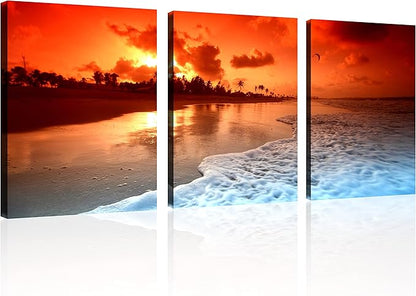 TutuBeer 3 Panels Beach Pictures Wall Decor Beach at Sunset Ocean Pictures Print on Canvas Ocean Picture Wall Decor Ocean Art for Home Decoration Stretched and Framed 16" x 24" x 3 Pieces