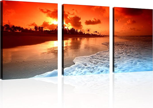 TutuBeer 3 Panels Beach Pictures Wall Decor Beach at Sunset Ocean Pictures Print on Canvas Ocean Picture Wall Decor Ocean Art for Home Decoration Stretched and Framed 16" x 24" x 3 Pieces
