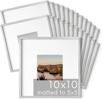 HAUS AND HUES 10x10 Silver Metal Picture Frames Matted to 5x5 - Features Premium Aluminum & Hanging Hardware, Shatterproof Plexiglass - Ideal for Home, Room, Office (10x10 in, Silver, Set of 25)