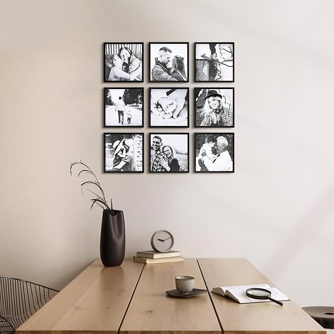 ArtbyHannah Photo Collage Frames for Wall, 8x8 Inch Square Picture Frame for Living Room or Staircase Decoration (Black, 9 Pack)