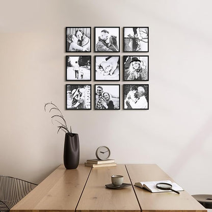 ArtbyHannah Photo Collage Frames for Wall, 8x8 Inch Square Picture Frame for Living Room or Staircase Decoration (Black, 9 Pack)