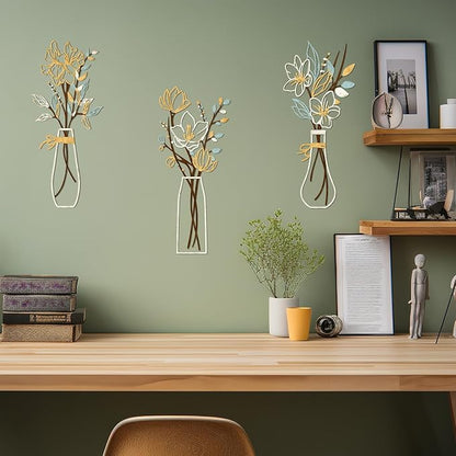 Zzbakress 3 Pcs Metal Flowers Wall Arts Rustic Farmhouse Decor Bathroom Wall Decor Metal Wall Decor for Living-room Dining-Room Kitchen Minimalist Decor Housewarming Gifts (Beige Gold)