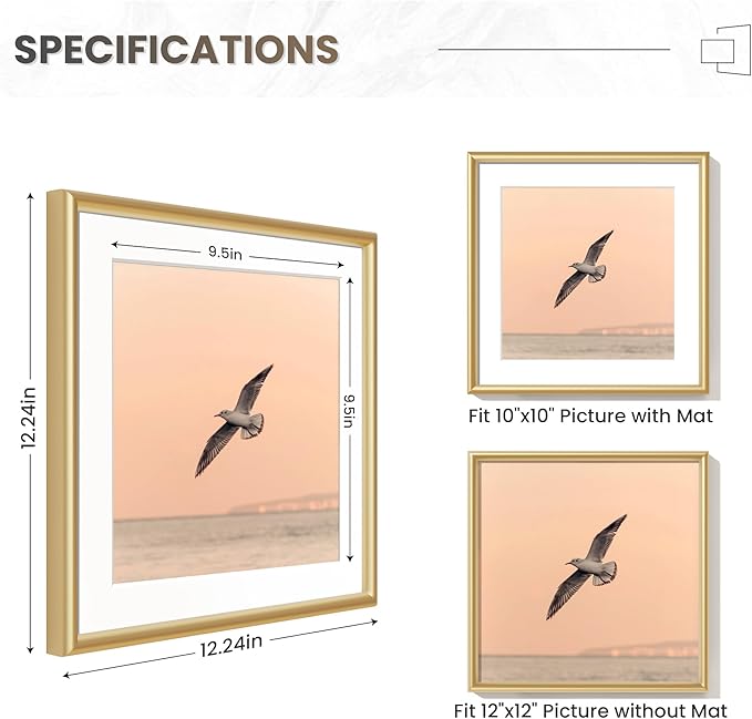 Fun Memories 12x12 Gold Picture Frame, Square 12 x 12 Photo Frame for Wall Gallery, Metal Picture Frame 12x12 with Real Glass, Matted to 10x10, Modern 12 x 12 Aluminum Frames for Home Decor