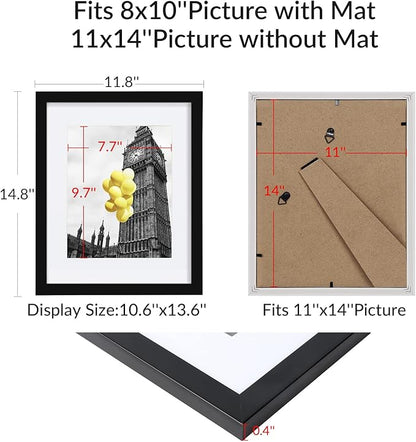 11x14 Picture Frame Set of 6 with Plexiglass, Display Pictures 8x10 with Mat or 11x14 Without Mat for Tabletop Display and Wall Mounting Black