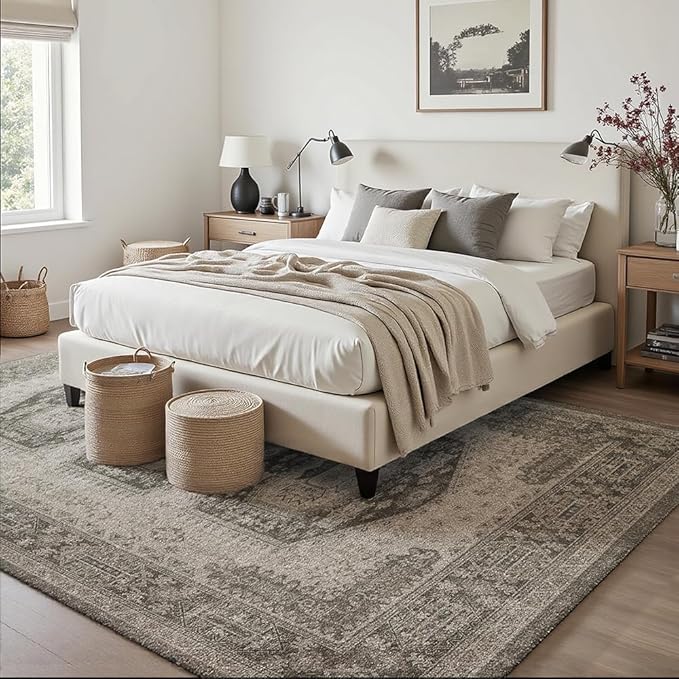 6x9 Area Rugs Grey Brown Washable Rug for Living Room, Dining Room, Bedroom, Large Carpets, Non Slip & Non-Shedding Low Pile Vintage Print Rug for Home Office Decor