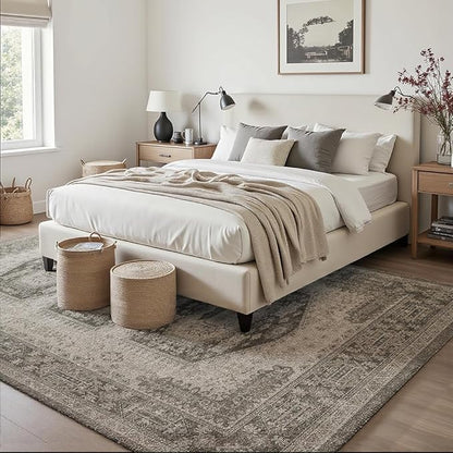 6x9 Area Rugs Grey Brown Washable Rug for Living Room, Dining Room, Bedroom, Large Carpets, Non Slip & Non-Shedding Low Pile Vintage Print Rug for Home Office Decor