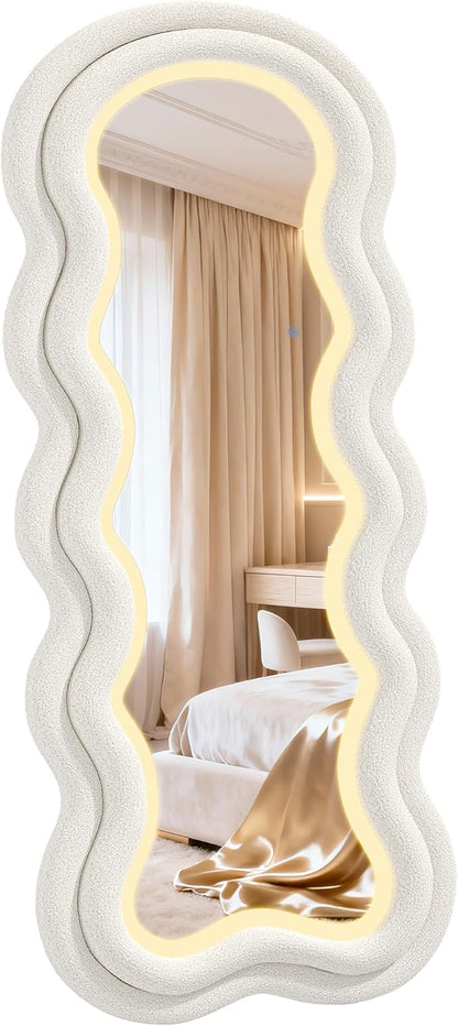 Wavy Wavy Full Length Mirror, 63"×24" Irregular Full Body Mirror with 3-Color Adjustable Light, Luxury Teddy-Velvet Frame Floor/Wall Mounted Mirror for Living Room/Bedroom/Dressing Room